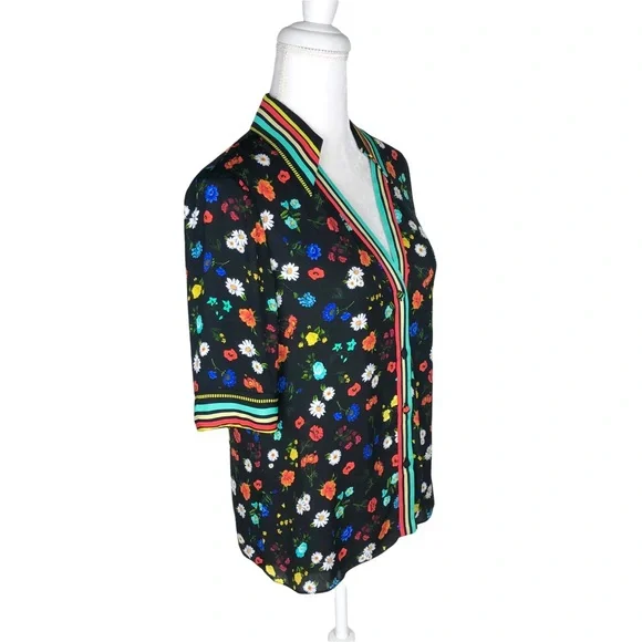 Alice Olivia black floral print blouse short-sleeve top sz small - Picture 5 of 16